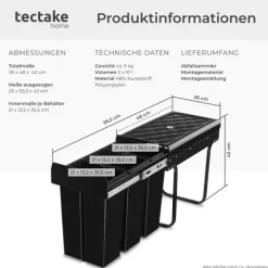 Abfallsammler tectake Ashlyn 26 x 48 x 42 cm 3-fach Mülltrennung, 3x10L schwarz