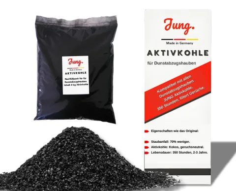 Aktivkohle Nachfüllpack von JUNG - Kompatibler Ersatz für alle Dunstabzugshauben - 2er Pack (2x4 kg) Nachfüllpack, Aktivkohle Pellets in Herstellerqualität - Made in Germany