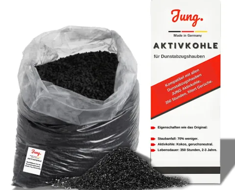 Aktivkohle Nachfüllpack von JUNG - Kompatibler Ersatz für alle Dunstabzugshauben - 2er Pack (2x4 kg) Nachfüllpack, Aktivkohle Pellets in Herstellerqualität - Made in Germany