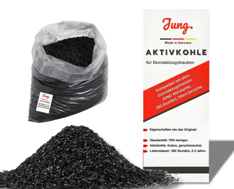 Aktivkohle Nachfüllpack von JUNG - Kompatibler Ersatz für alle Dunstabzugshauben - 2er Pack (2x4 kg) Nachfüllpack, Aktivkohle Pellets in Herstellerqualität - Made in Germany