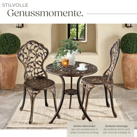 Aluminium Bistroset tectake Lyon Stühle mit höhenverstellbaren Kunststofffüßen für 2 Personen, im Vintage-Design schwarz/grau