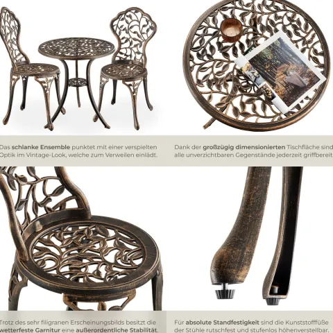 Aluminium Bistroset tectake Lyon Stühle mit höhenverstellbaren Kunststofffüßen für 2 Personen, im Vintage-Design schwarz/grau