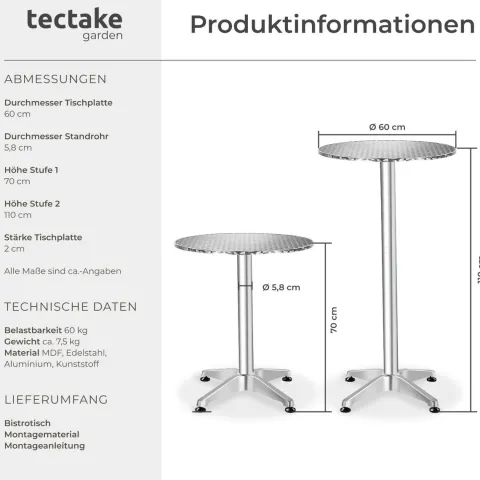 Aluminium Stehtisch tectake Frederic mit bodenschonenden Schraubfüßen aus Kunststoff rund grau
