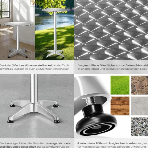 Aluminium Stehtisch tectake Frederic mit bodenschonenden Schraubfüßen aus Kunststoff rund grau