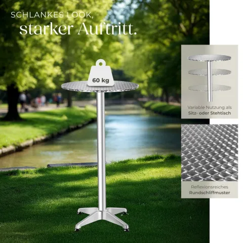 Aluminium Stehtisch tectake Frederic mit bodenschonenden Schraubfüßen aus Kunststoff rund grau