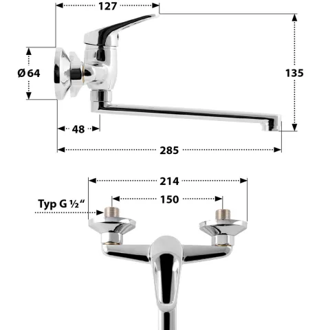 aquaSu® Küchenarmatur Alaska, Wasserhahn Küche, Spültischarmatur zur Aufputz-Wandmontage, langer Auslauf schwenkbar, Einhebelmischer für Spüle mit Messingkern und Wasserspar-Mischdüse, chrom, 796095