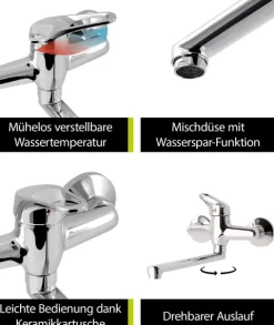 aquaSu® Küchenarmatur Alaska, Wasserhahn Küche, Spültischarmatur zur Aufputz-Wandmontage, langer Auslauf schwenkbar, Einhebelmischer für Spüle mit Messingkern und Wasserspar-Mischdüse, chrom, 796095