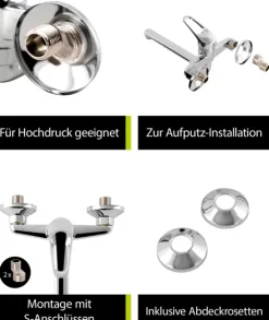 aquaSu® Küchenarmatur Alaska, Wasserhahn Küche, Spültischarmatur zur Aufputz-Wandmontage, langer Auslauf schwenkbar, Einhebelmischer für Spüle mit Messingkern und Wasserspar-Mischdüse, chrom, 796095