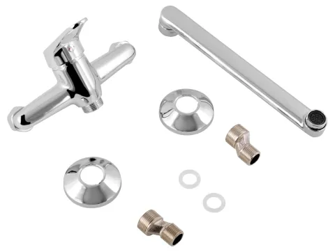 aquaSu® Küchenarmatur Alaska, Wasserhahn Küche, Spültischarmatur zur Aufputz-Wandmontage, langer Auslauf schwenkbar, Einhebelmischer für Spüle mit Messingkern und Wasserspar-Mischdüse, chrom, 796095