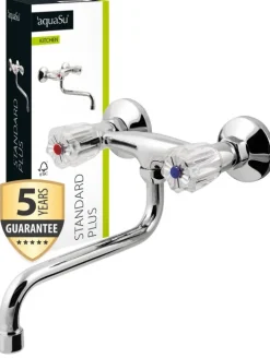 aquaSu® Wand-Zweigriffmischer Standard Plus | Küchenarmatur mit schwenkbarem S-Auslauf | Mischbatterie für Spüle | Spültischarmatur | Wand-Befestigung | Chrom | 778626
