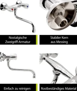 aquaSu® Wand-Zweigriffmischer Standard Plus | Küchenarmatur mit schwenkbarem S-Auslauf | Mischbatterie für Spüle | Spültischarmatur | Wand-Befestigung | Chrom | 778626