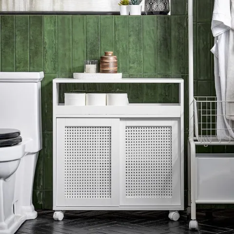 Badezimmerschrank mit Rollen, höhenverstellbaren Böden und weißer Nische BZR119-W