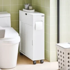 Badezimmerschrank mit Rollen, Schiebetüren und weißer Klappe BZR31-W