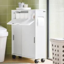 Badezimmerschrank mit Rollen, Schiebetüren und weißer Klappe BZR31-W