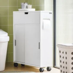 Badezimmerschrank mit Rollen, Schiebetüren und weißer Klappe BZR31-W
