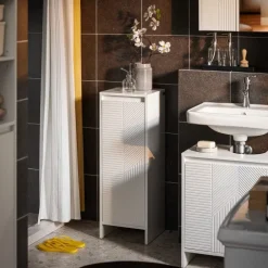 Badezimmerschrank mit Wäschesammler und Kipptür in Weiß BZR154-W
