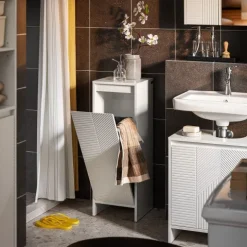 Badezimmerschrank mit Wäschesammler und Kipptür in Weiß BZR154-W