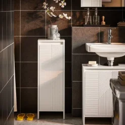 Badezimmerschrank mit Wäschesammler und Kipptür in Weiß BZR154-W