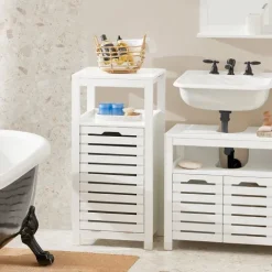 Badezimmerschrank mit Wäschekorb und ausklappbarem Wäschesack in Weiß BZR67-W