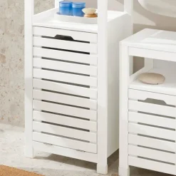 Badezimmerschrank mit Wäschekorb und ausklappbarem Wäschesack in Weiß BZR67-W