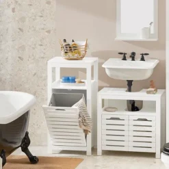 Badezimmerschrank mit Wäschekorb und ausklappbarem Wäschesack in Weiß BZR67-W
