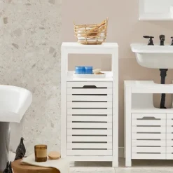 Badezimmerschrank mit Wäschekorb und ausklappbarem Wäschesack in Weiß BZR67-W
