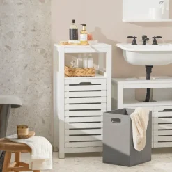Badezimmerschrank mit Wäschekorb und ausklappbarem Wäschesack in Weiß BZR67-W