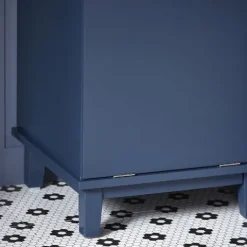 Badezimmerschrank schmal mit ausklappbarem Wäschesack und blauer Schublade BZR114-B