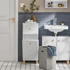 Badezimmerschrank mit Wäschekorb, Schublade und ausklappbarem Wäschesack in Weiß BZR93-W