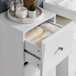 Badezimmerschrank mit Wäschekorb, Schublade und ausklappbarem Wäschesack in Weiß BZR93-W