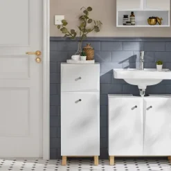 Badezimmerschrank mit Wäschekorb, Schublade und ausklappbarem Wäschesack in Weiß BZR93-W
