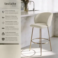 Barstuhl tectake Luana 51 x 60 x 106 cm, Belastbarkeit 120 kg in Samtoptik, gepolstert creme/gold