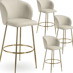 Barstuhl tectake Luana 51 x 60 x 106 cm, Belastbarkeit 120 kg in Samtoptik, gepolstert creme/gold