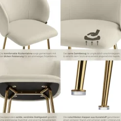 Barstuhl tectake Luana 51 x 60 x 106 cm, Belastbarkeit 120 kg in Samtoptik, gepolstert creme/gold