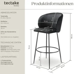 Barstuhl tectake Luana 51 x 60 x 106 cm, Belastbarkeit 120 kg in Samtoptik, gepolstert schwarz/schwarz