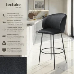 Barstuhl tectake Luana 51 x 60 x 106 cm, Belastbarkeit 120 kg in Samtoptik, gepolstert schwarz/schwarz