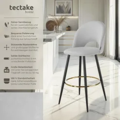 Barstuhl tectake Sachel 49 x 58 x 110 cm, Belastbarkeit 120 kg in Samtoptik, gepolstert hellgrau/schwarz
