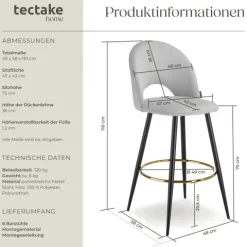 Barstuhl tectake Sachel 49 x 58 x 110 cm, Belastbarkeit 120 kg in Samtoptik, gepolstert hellgrau/schwarz