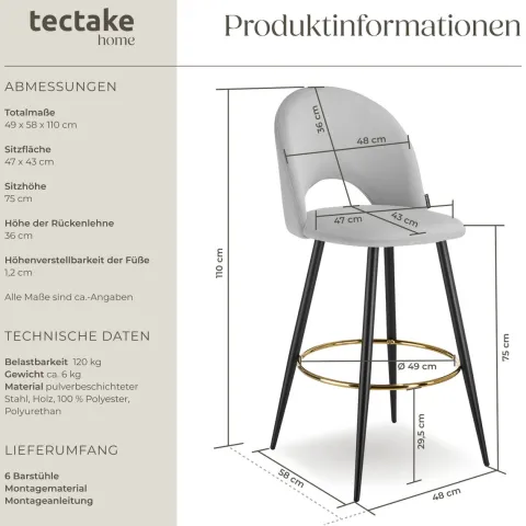 Barstuhl tectake Sachel 49 x 58 x 110 cm, Belastbarkeit 120 kg in Samtoptik, gepolstert hellgrau/schwarz