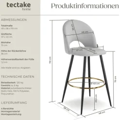 Barstuhl tectake Sachel 49 x 58 x 110 cm, Belastbarkeit 120 kg in Samtoptik, gepolstert hellgrau/schwarz