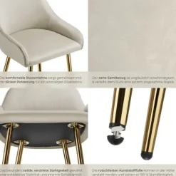 Barstuhl tectake Avane 48,5 x 57 x 108 cm, Belastbarkeit 120 kg in Samtoptik, gepolstert creme/gold