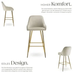 Barstuhl tectake Avane 48,5 x 57 x 108 cm, Belastbarkeit 120 kg in Samtoptik, gepolstert creme/gold