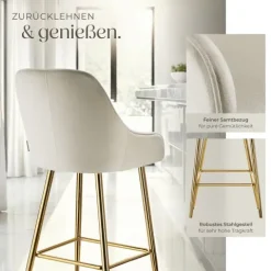 Barstuhl tectake Avane 48,5 x 57 x 108 cm, Belastbarkeit 120 kg in Samtoptik, gepolstert creme/gold