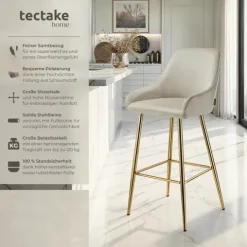 Barstuhl tectake Avane 48,5 x 57 x 108 cm, Belastbarkeit 120 kg in Samtoptik, gepolstert creme/gold