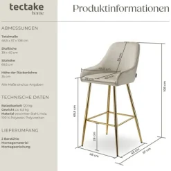 Barstuhl tectake Avane 48,5 x 57 x 108 cm, Belastbarkeit 120 kg in Samtoptik, gepolstert creme/gold