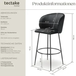 Barstuhl tectake Luana 51 x 60 x 106 cm, Belastbarkeit 120 kg in Samtoptik, gepolstert schwarz/schwarz
