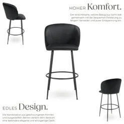 Barstuhl tectake Luana 51 x 60 x 106 cm, Belastbarkeit 120 kg in Samtoptik, gepolstert schwarz/schwarz