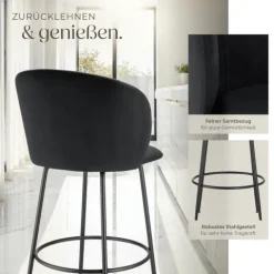 Barstuhl tectake Luana 51 x 60 x 106 cm, Belastbarkeit 120 kg in Samtoptik, gepolstert schwarz/schwarz