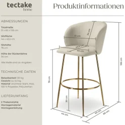 Barstuhl tectake Luana 51 x 60 x 106 cm, Belastbarkeit 120 kg in Samtoptik, gepolstert creme/gold