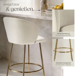 Barstuhl tectake Luana 51 x 60 x 106 cm, Belastbarkeit 120 kg in Samtoptik, gepolstert creme/gold